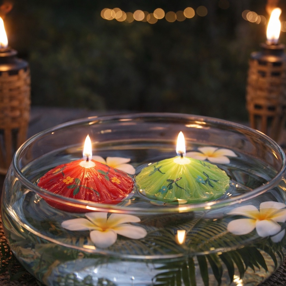 Set of 2 Pottery Barn Floating Umbrella Candles Red &‎ Green